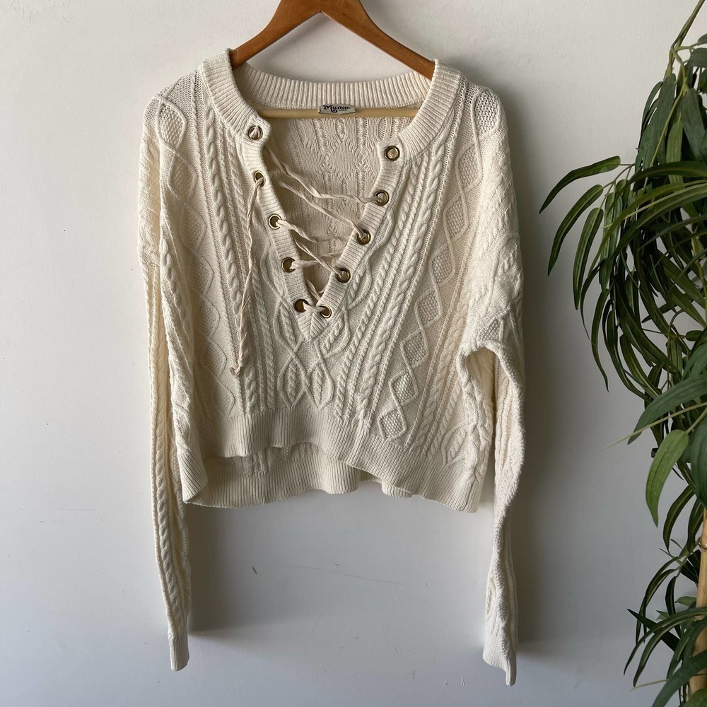 Show Me Your Mumu Sweater Womens Large Cream Knit Lace Up Casual Boho Chunky